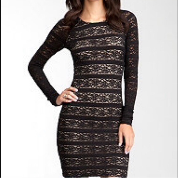 Bebe Pencil Stripe Lace Dress in Black & Nude Lace - Picture 1 of 6